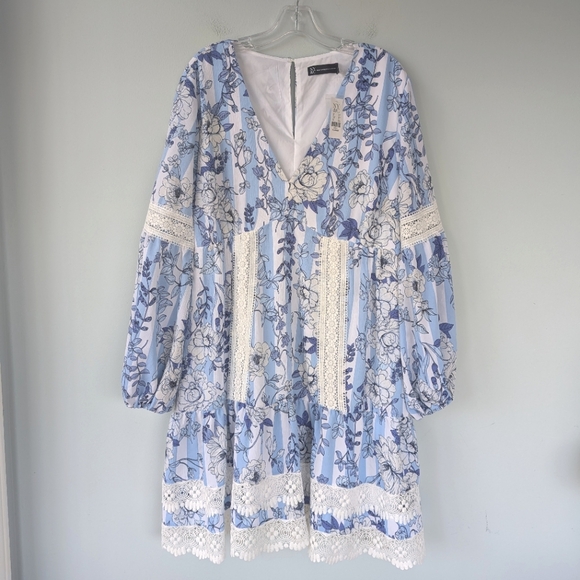 NWT New York & Company Blue & White Floral Print Babydoll Long Sleeve Dress - Picture 7 of 14